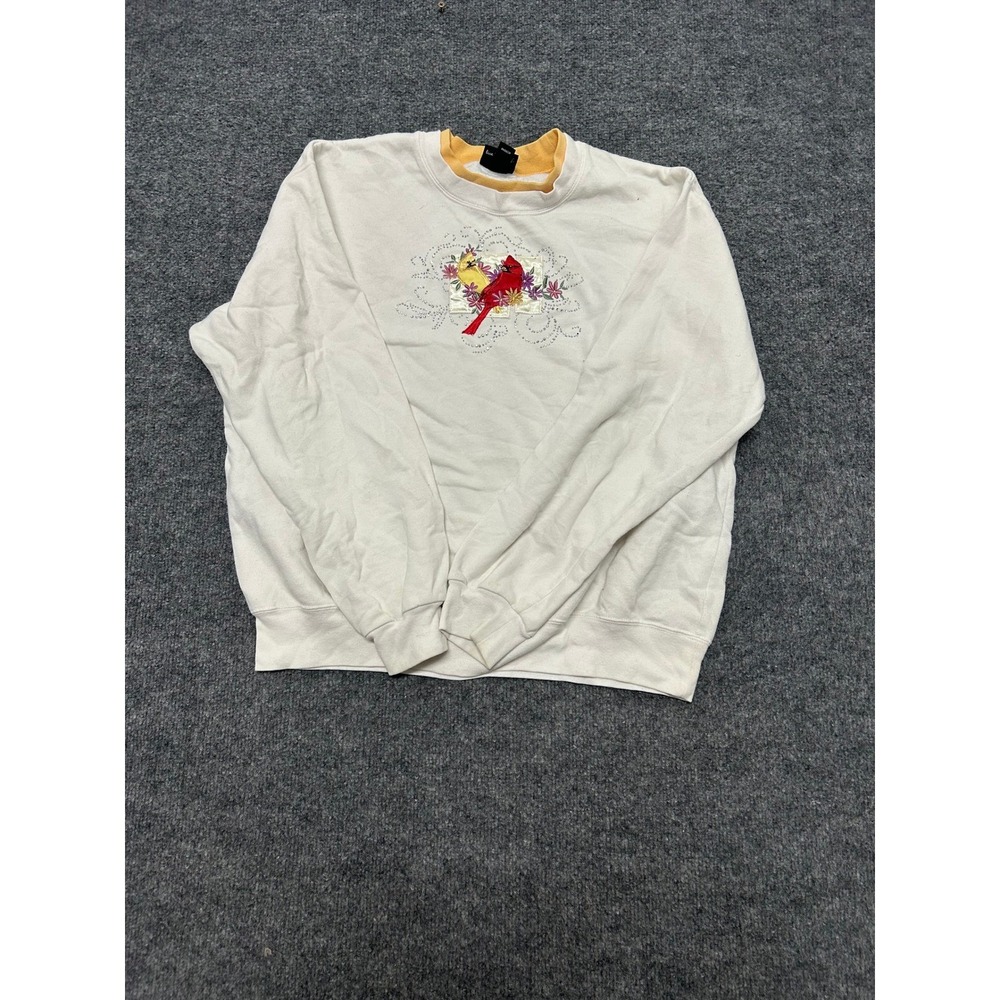 Trilogy Sweatshirt Womens Large White Embroidered Cardinal Bird Rhinestone Top